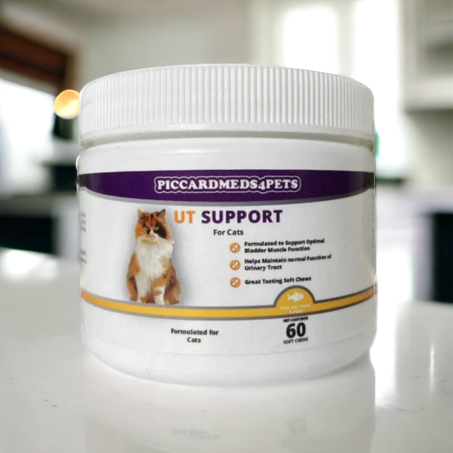 Pet supplement container labeled 'UT Support' for cats by PiccardMeds4Pets on a blurred background.