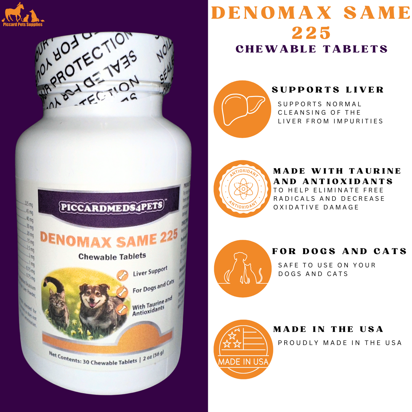 Piccardmeds4pets Denomax Same 225 for Dogs and Cats 30 Count + FREE Bandana!