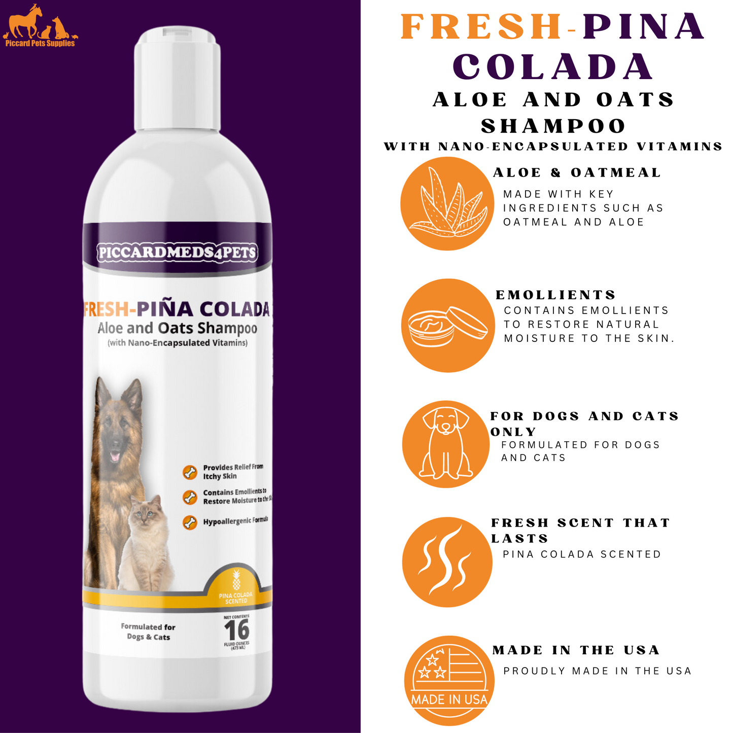 Piccardmeds4pets Fresh-Piña Colada Aloe and Oatmeal Shampoo for Pets 16 oz. + FREE Bandana!