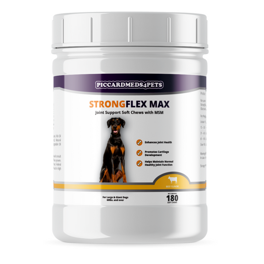 Container of Piccardmeds Pets Strong Flex Max joint support soft chews with MSM on a white background