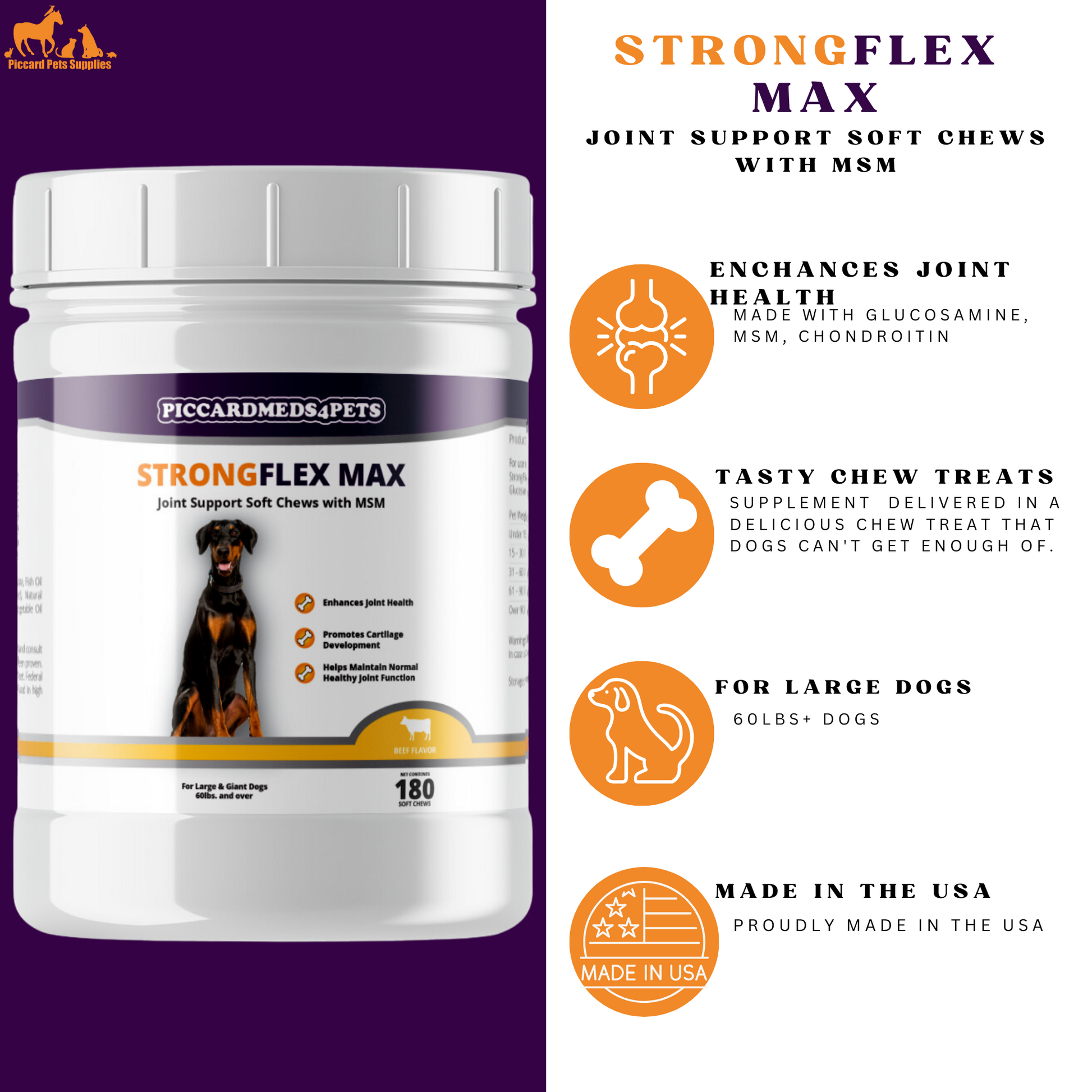 StrongFlex Max joint support soft chews container with product details on a white background