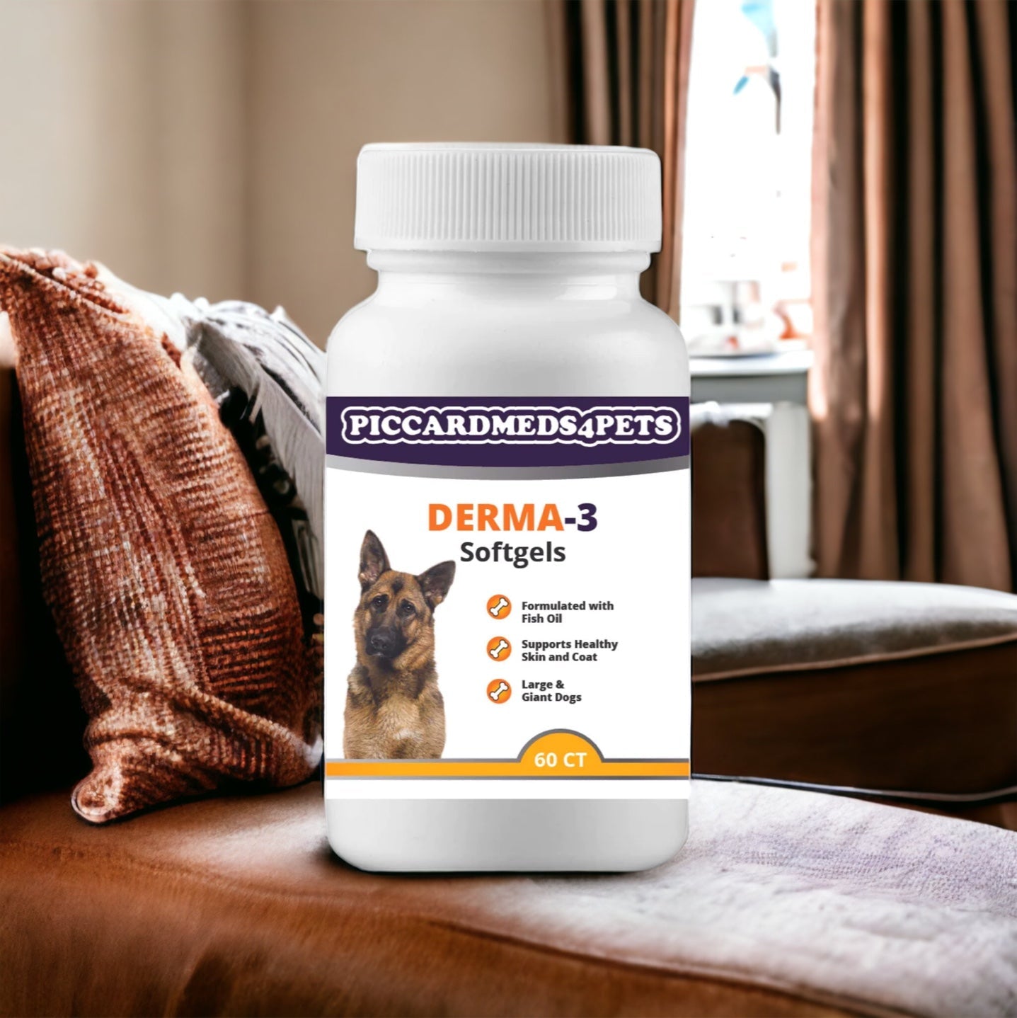 Bottle of Piccardmeds4Pets Derma-3 Softgels on a couch with a dog image and text on the label.