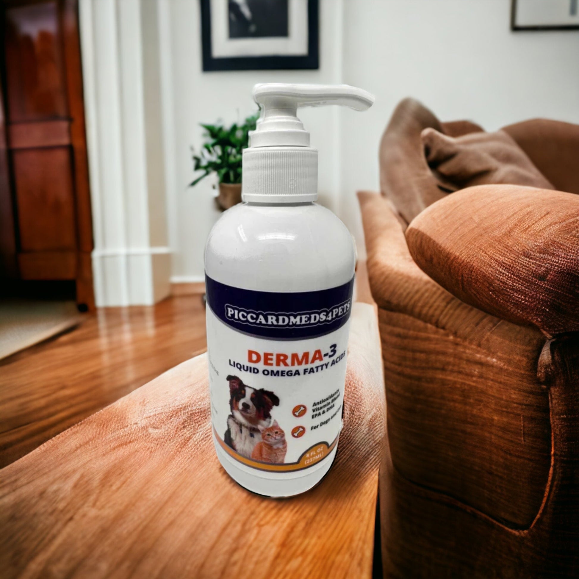 Bottle of Piccardmeds Derma-3 on a wooden surface with a home interior background