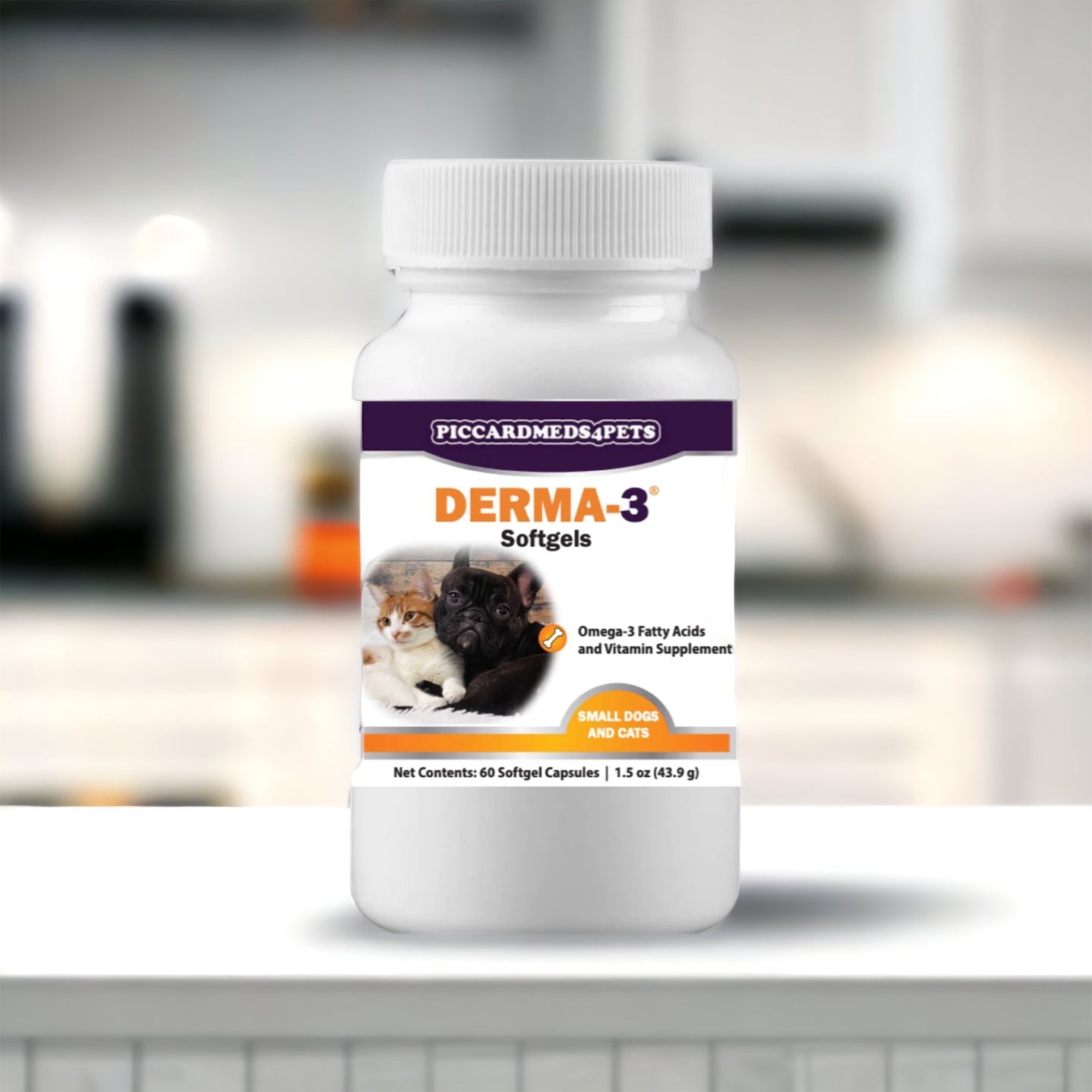 Bottle of Derma-3 Softgels for pets on a blurred background