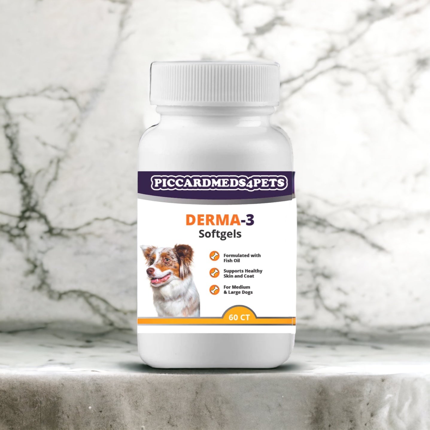 Bottle of Piccardmeds4Pets Derma-3 Softgels on a marble surface