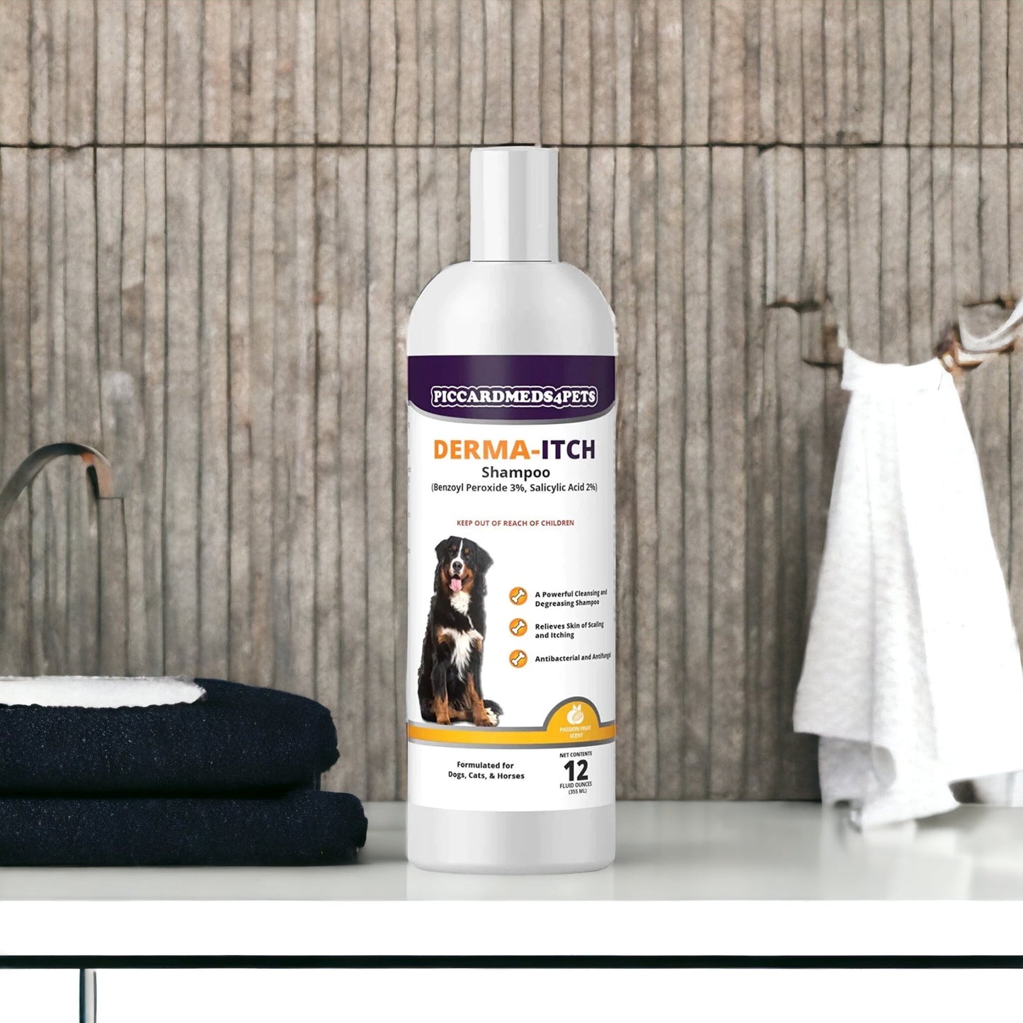 Bottle of Piccard Med & Pets Derma-Itch Shampoo on a wooden surface with towels in the background.