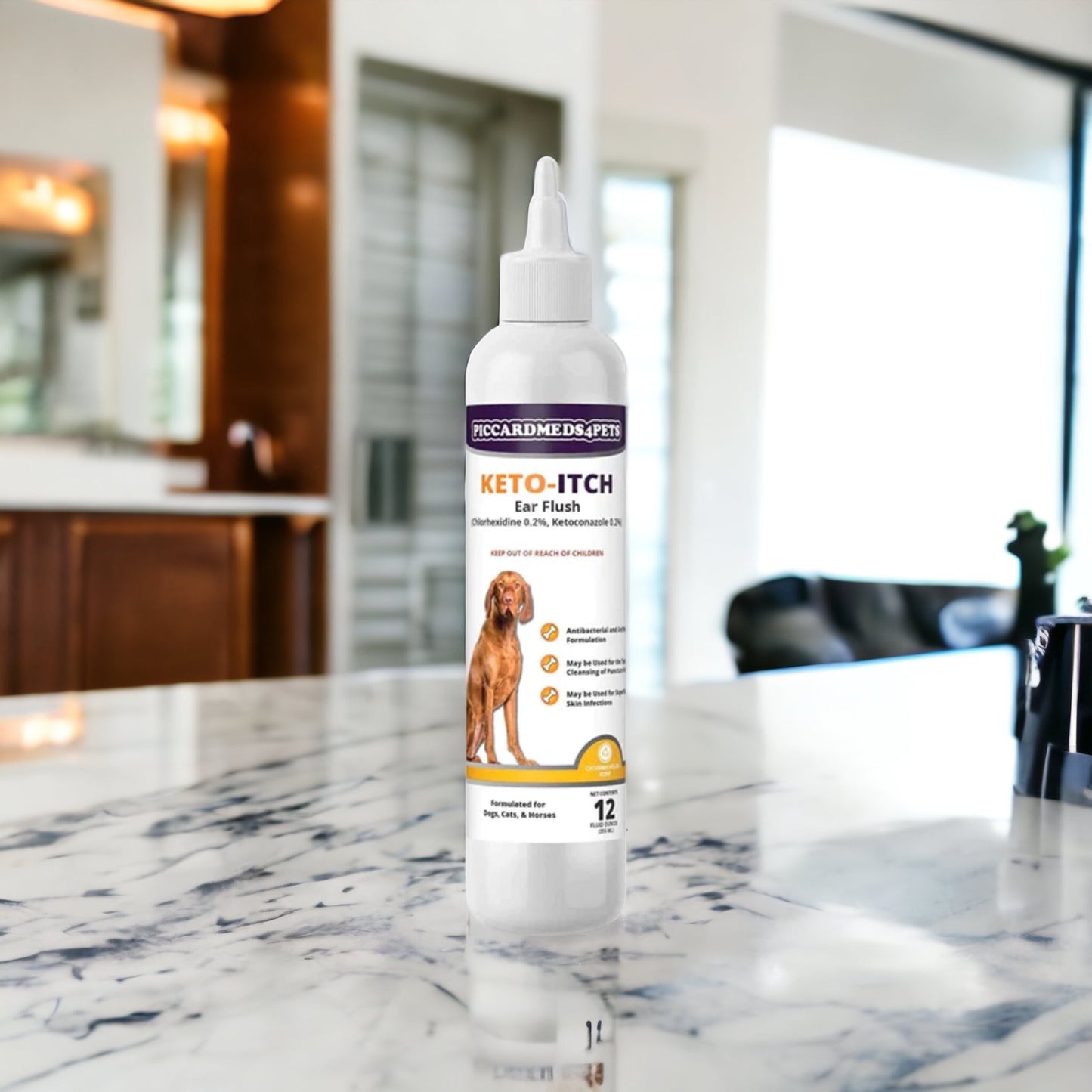 Keto-Itch ear flush bottle for pets on a marble countertop