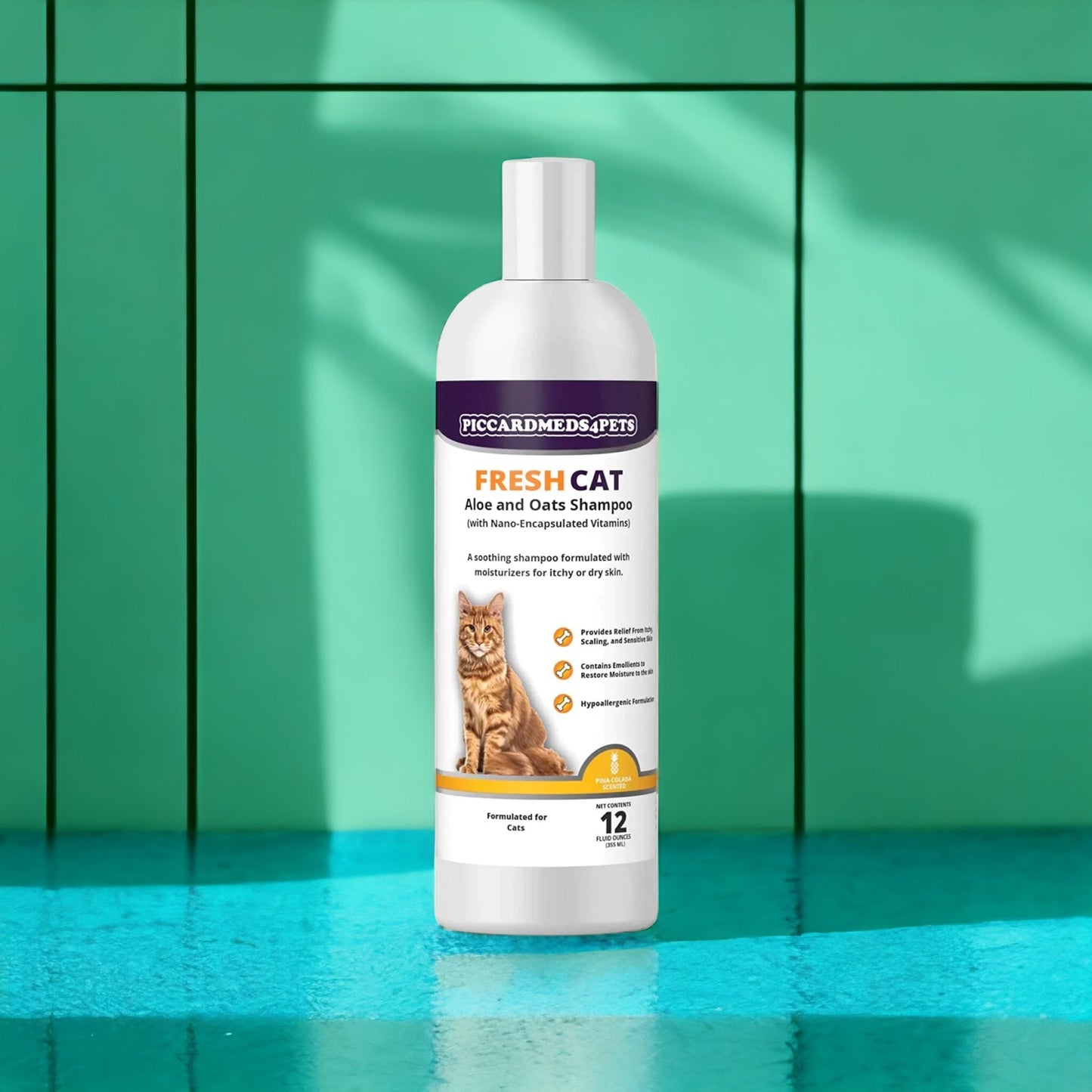 Cat shampoo bottle with a green tiled background