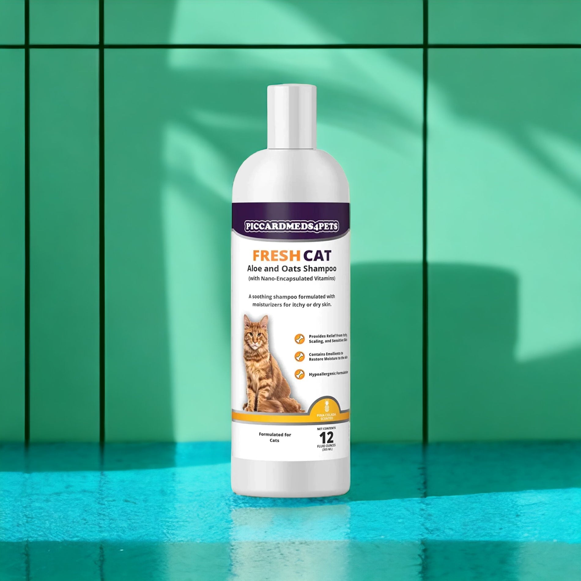 Cat shampoo bottle with a green tiled background