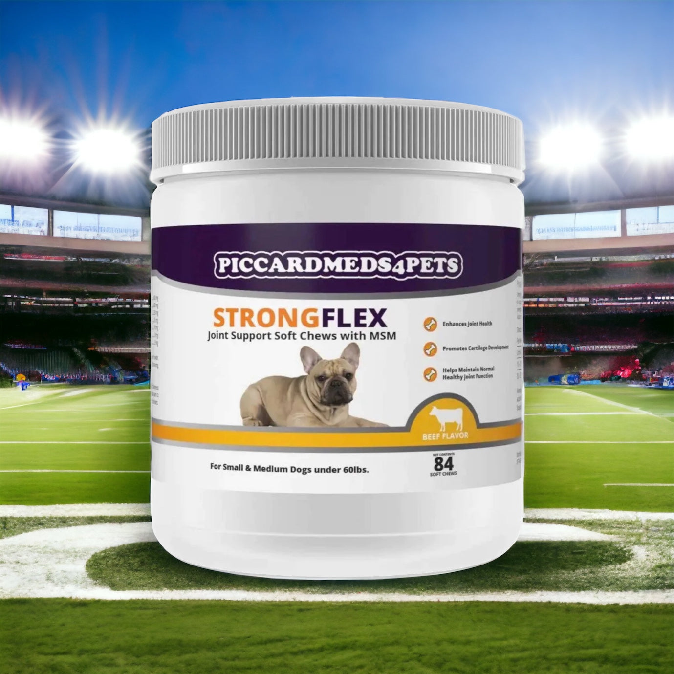 Container of Piccardmeds4Pets Strong Flex joint support chews for dogs on a sports field background