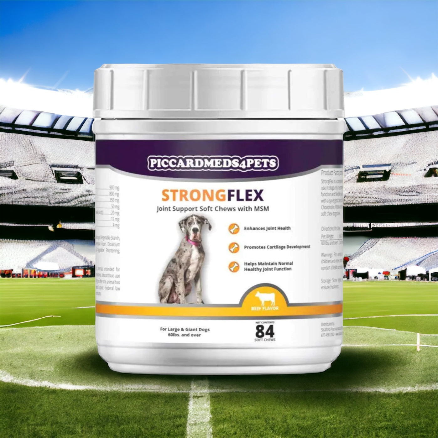 Container of Piccardmeds4Pets Strong Flex joint support soft chews with a stadium background