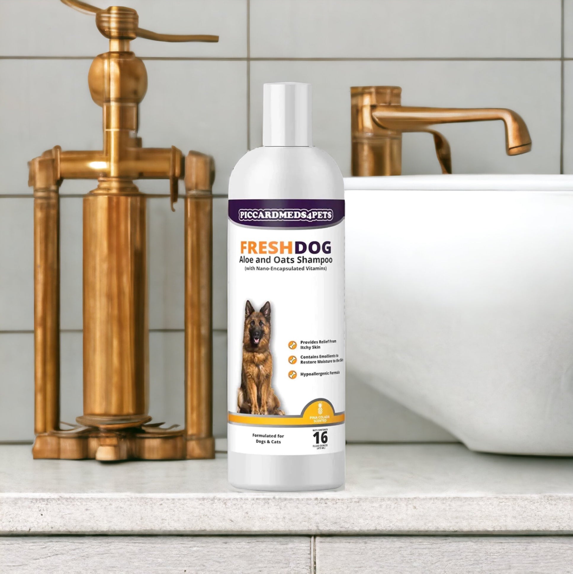 Shampoo bottle for dogs on a bathroom counter with brass fixtures.