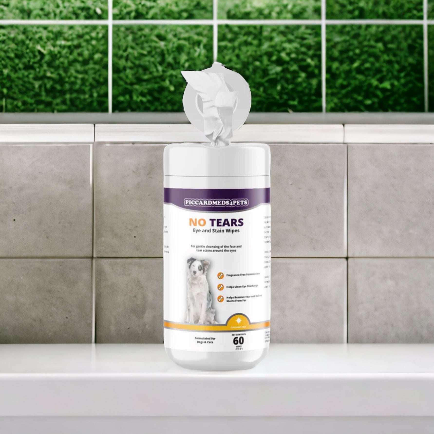 Container of 'No Tears' pet wipes on a kitchen counter with a tiled wall background