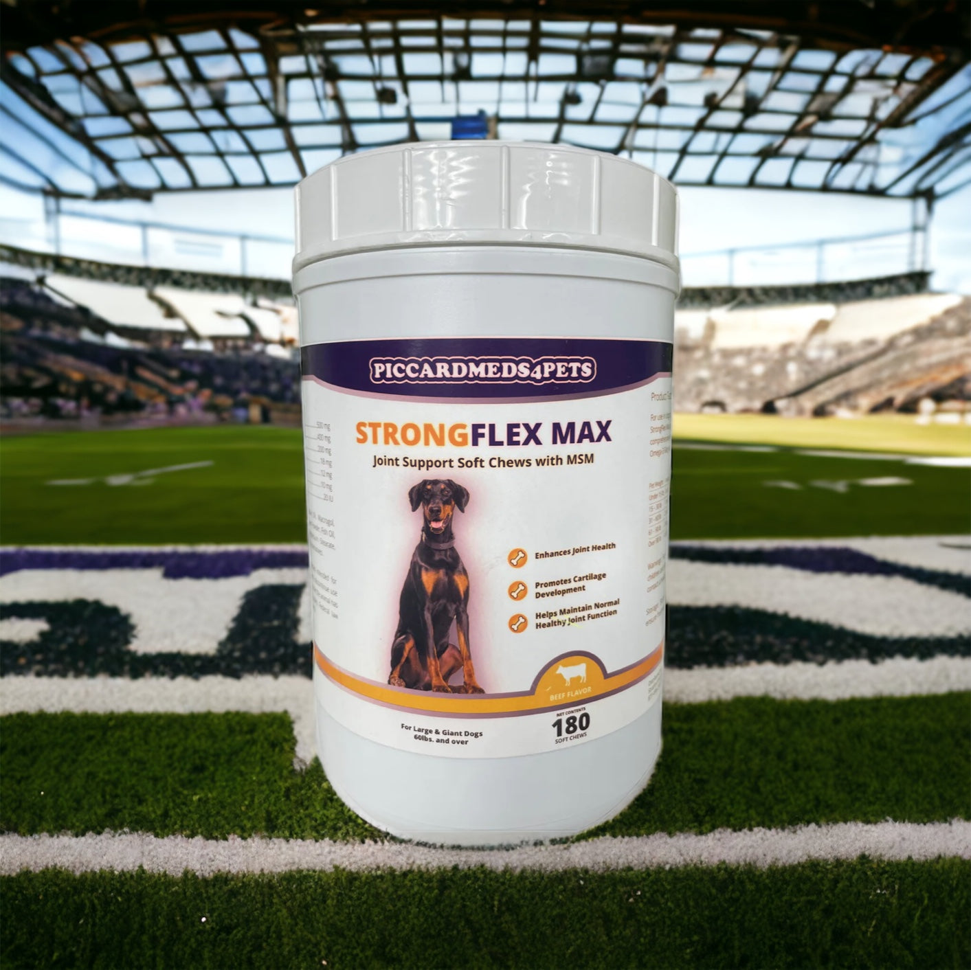 Container of Piccardmeds4Pets Strong Flex Max joint support soft chews on a sports field.