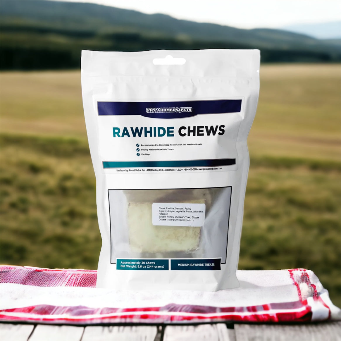 Bag of rawhide chews with a scenic background