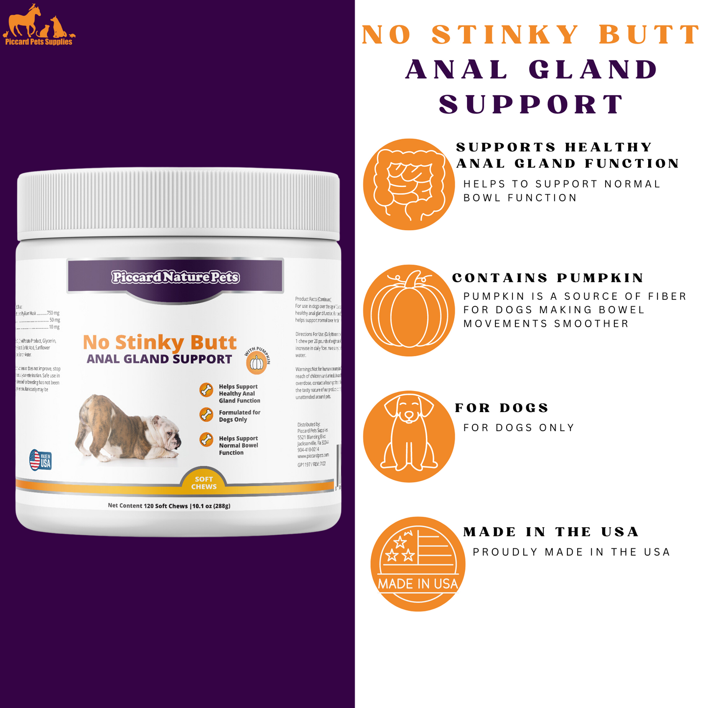 PiccardNaturePets No Stinky Butt Anal Gland Support 120ct Chews + FREE Bandana!