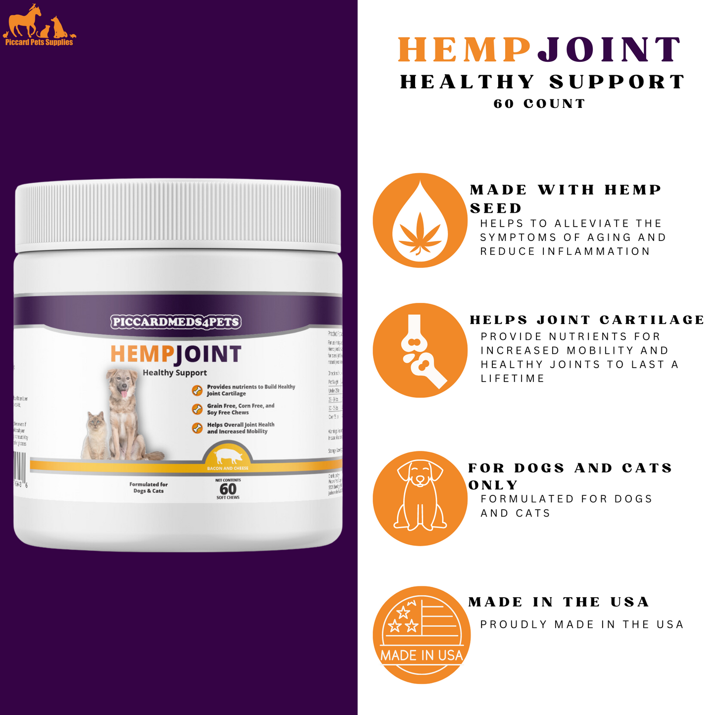 Piccardmeds4pets Hemp + MSM Joint Support Chews for Dogs and Cats 60CT + FREE Bandana!
