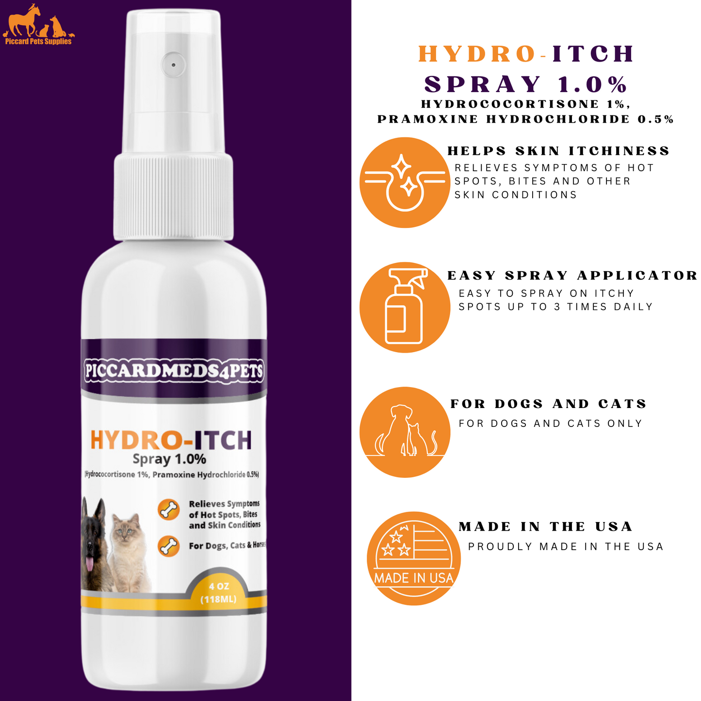 Piccardmeds4pets Hydro-Itch Spray 1.0 % for Dogs Cats & Horses 4 oz.