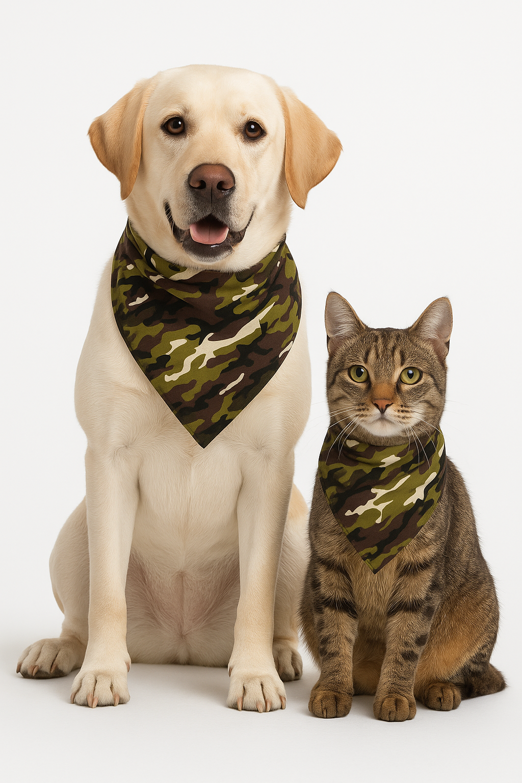 Dog and cat wearing camouflage bandanas on a white background