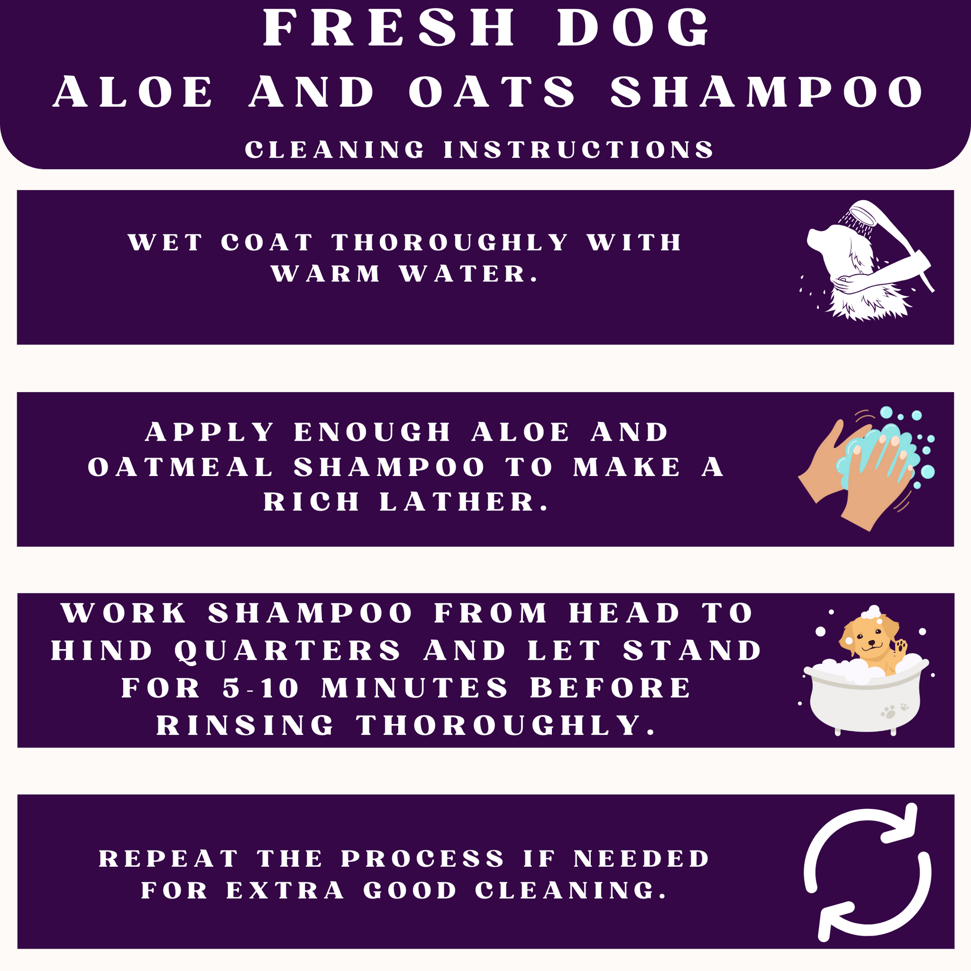 Instructions for using Fresh Dog Aloe and Oats Shampoo on a purple background