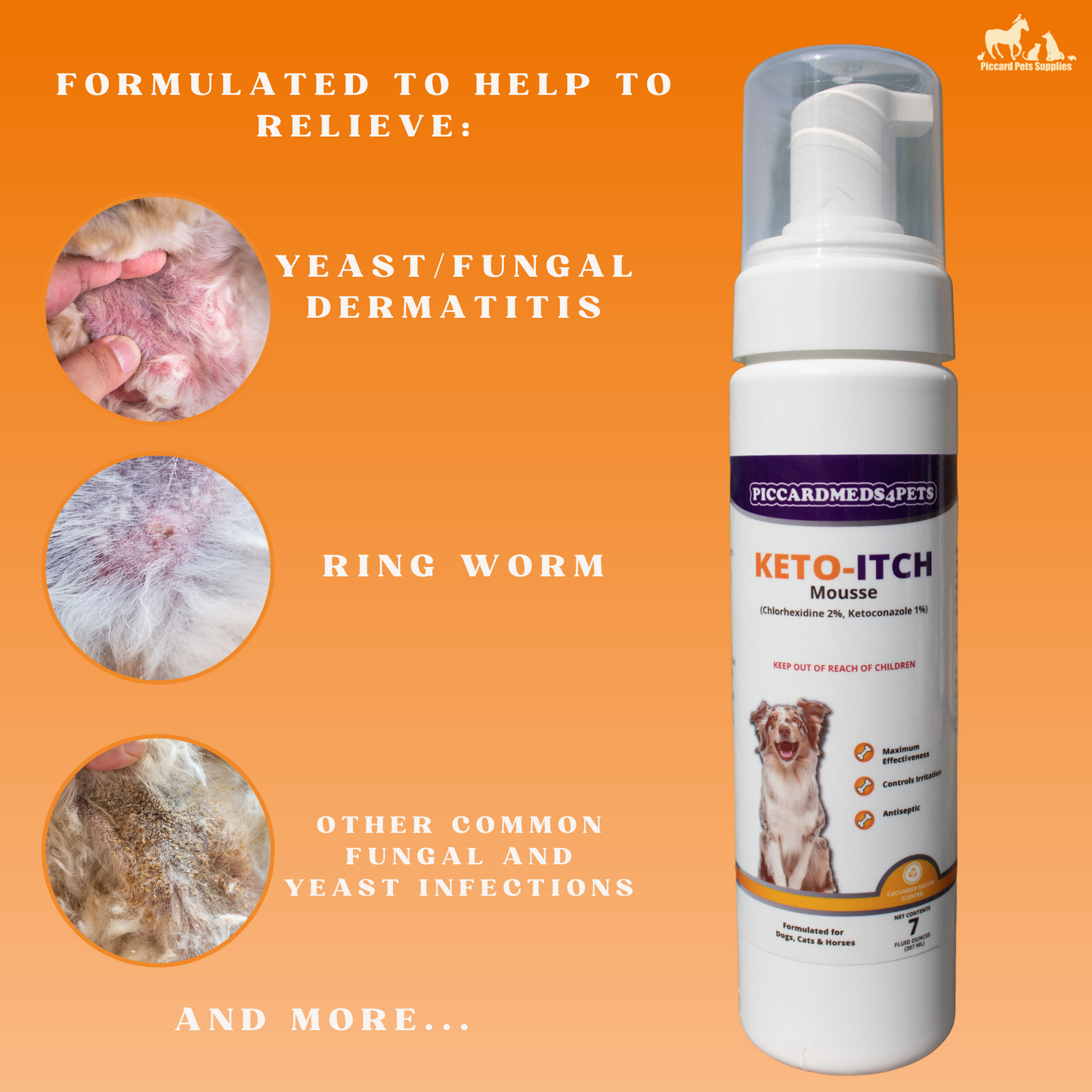 Keto-Itch Mousse for dogs on an orange background with product details.