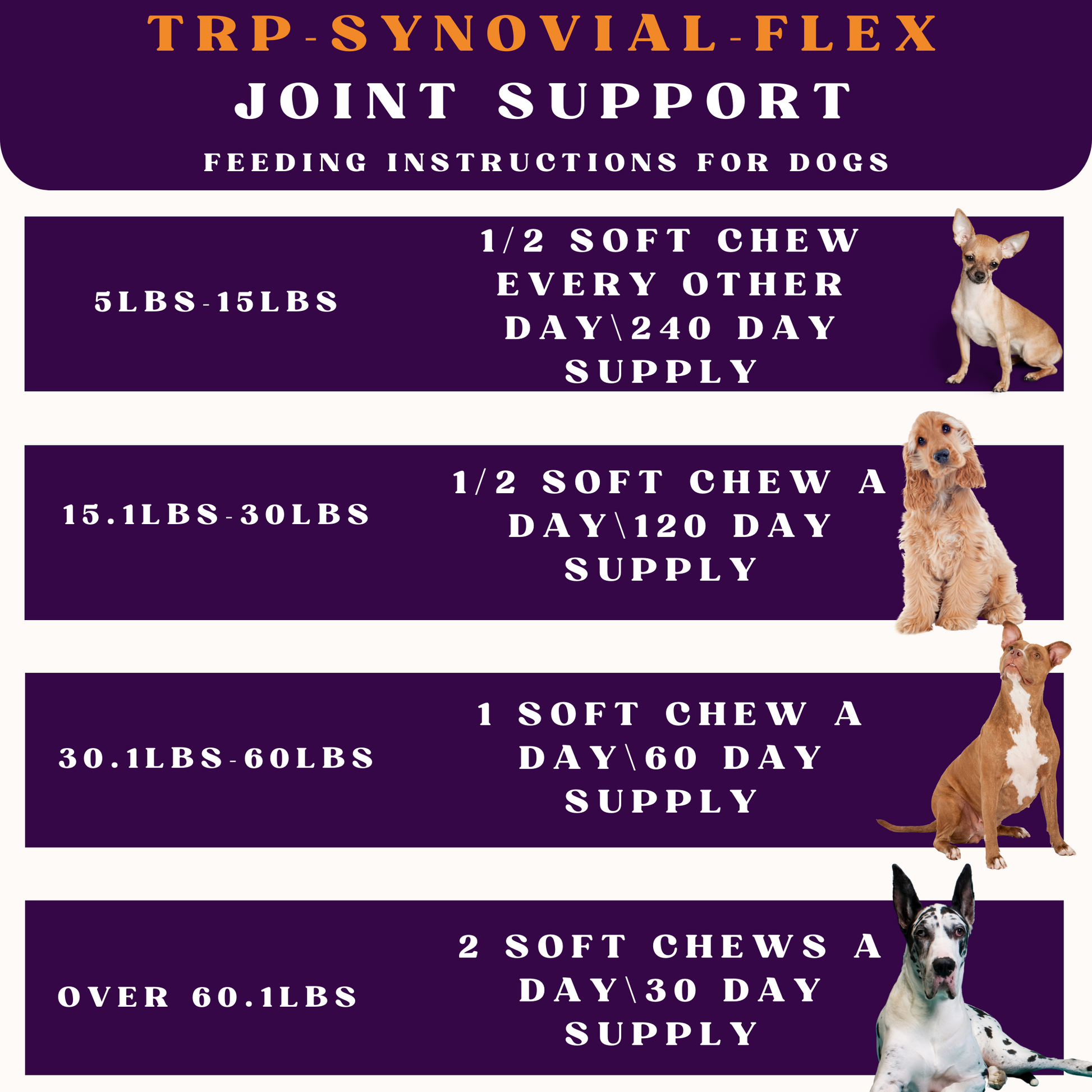 Feeding instructions for TRP-Synovial-Flex joint support for dogs on a purple background with images of dogs.