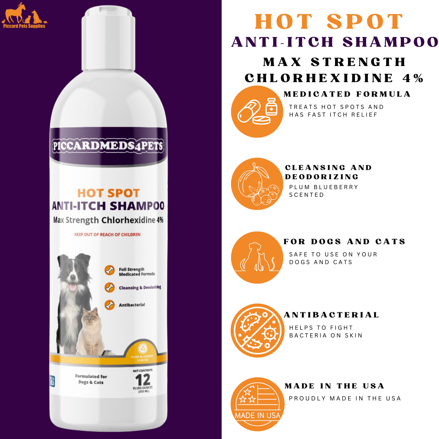 Piccardmeds4pets Hot Spot Anti-Itch Max Strength Pet Shampoo 12 oz. + FREE Bandana!