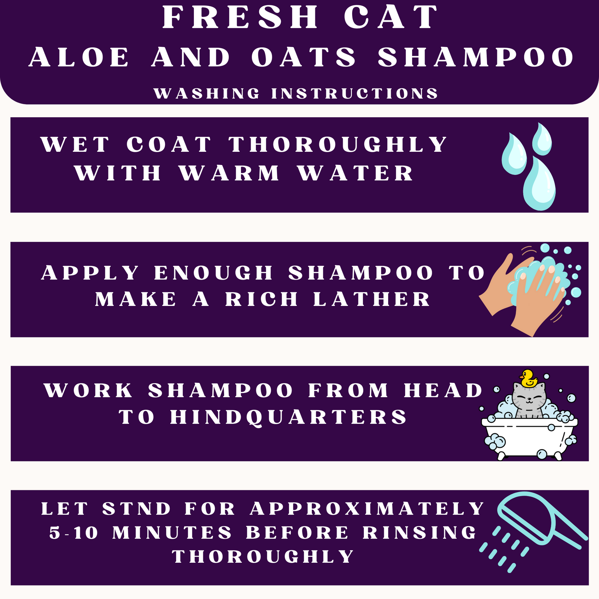 Instructions for using Fresh Cat Aloe and Oats Shampoo on a purple background