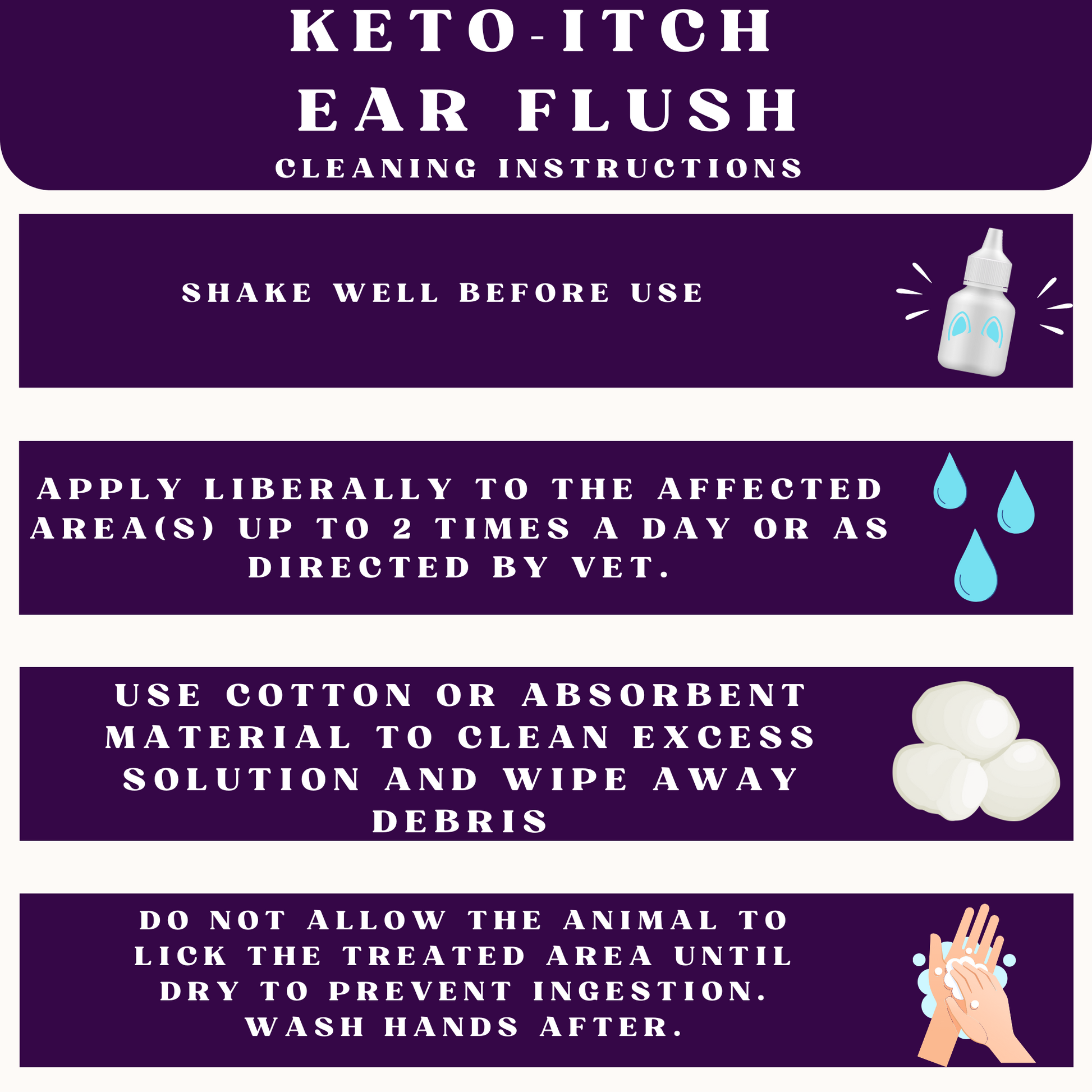 Keto-Itch Ear Flush cleaning instructions on a purple background