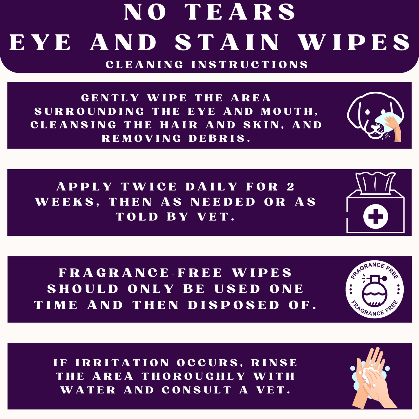 Instructions for using no tears eye and stain wipes on a purple background