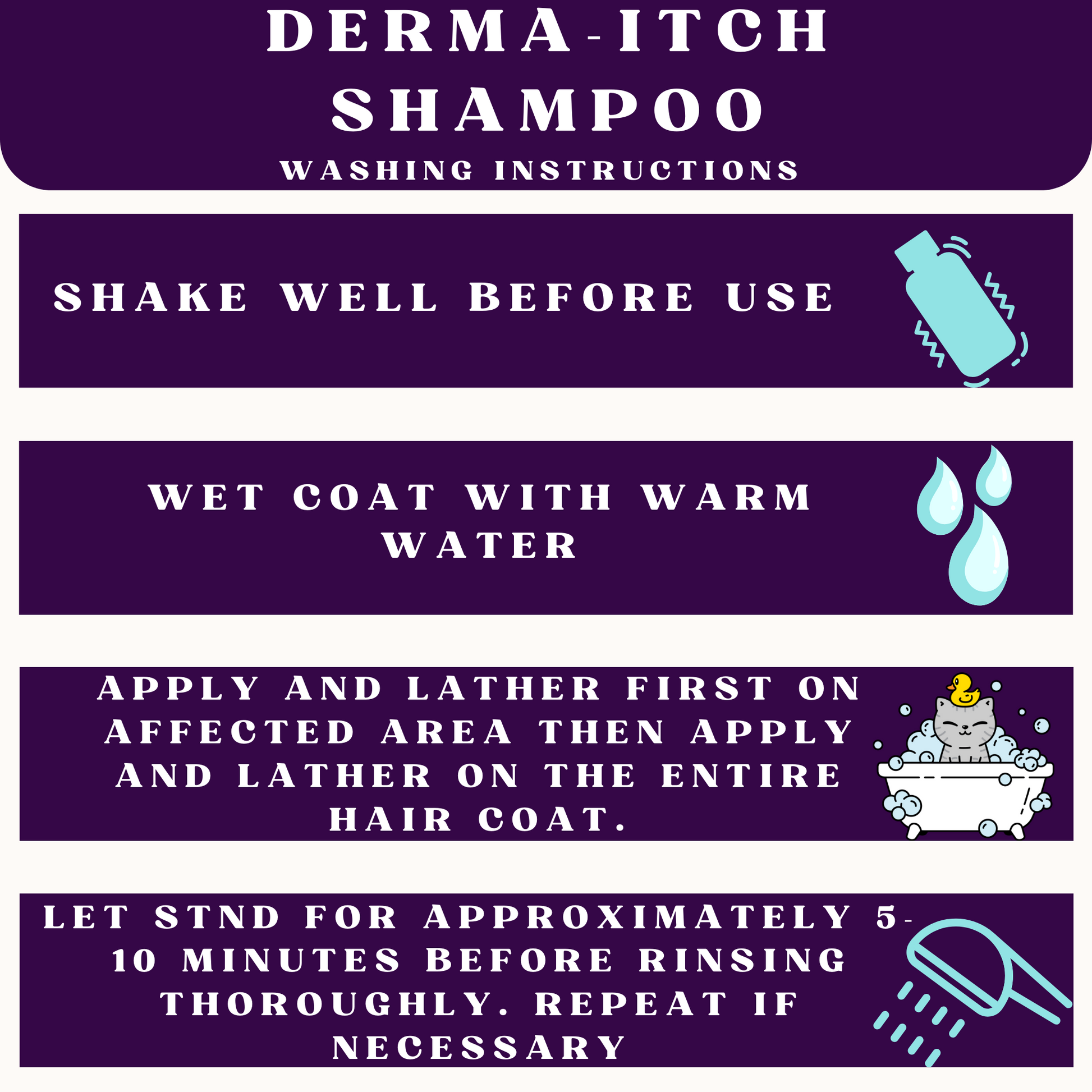 Derma-Itch Shampoo washing instructions on a purple background
