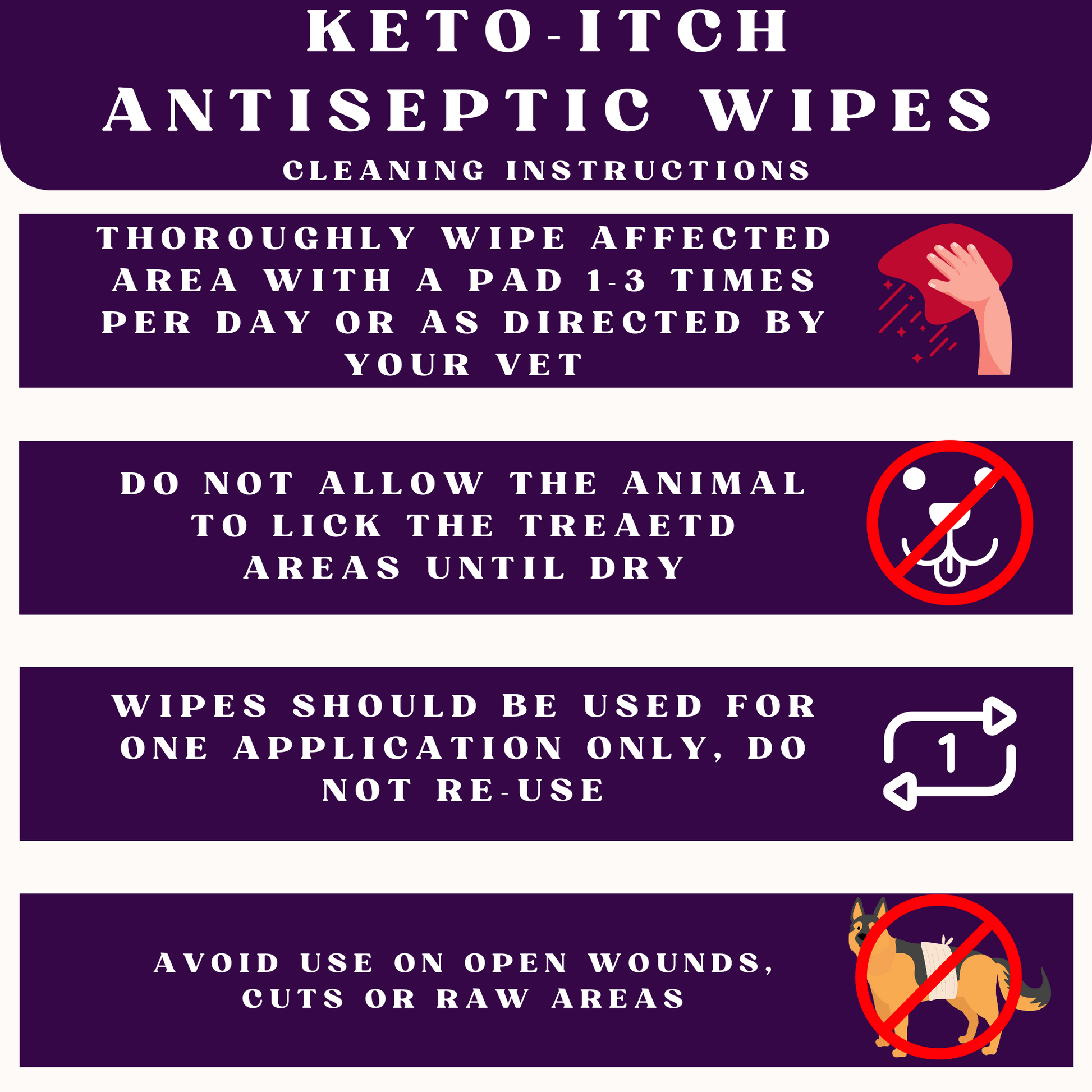 Instructions for using keto-itch antiseptic wipes on a purple background