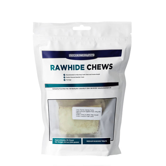 Package of Rawhide Chews for pets with visible text and branding.