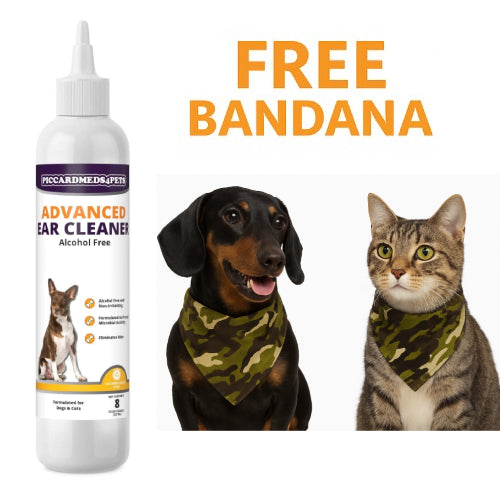 Dog and cat wearing camouflage bandanas with a bottle of ear cleaner and 'Free Bandana' text.