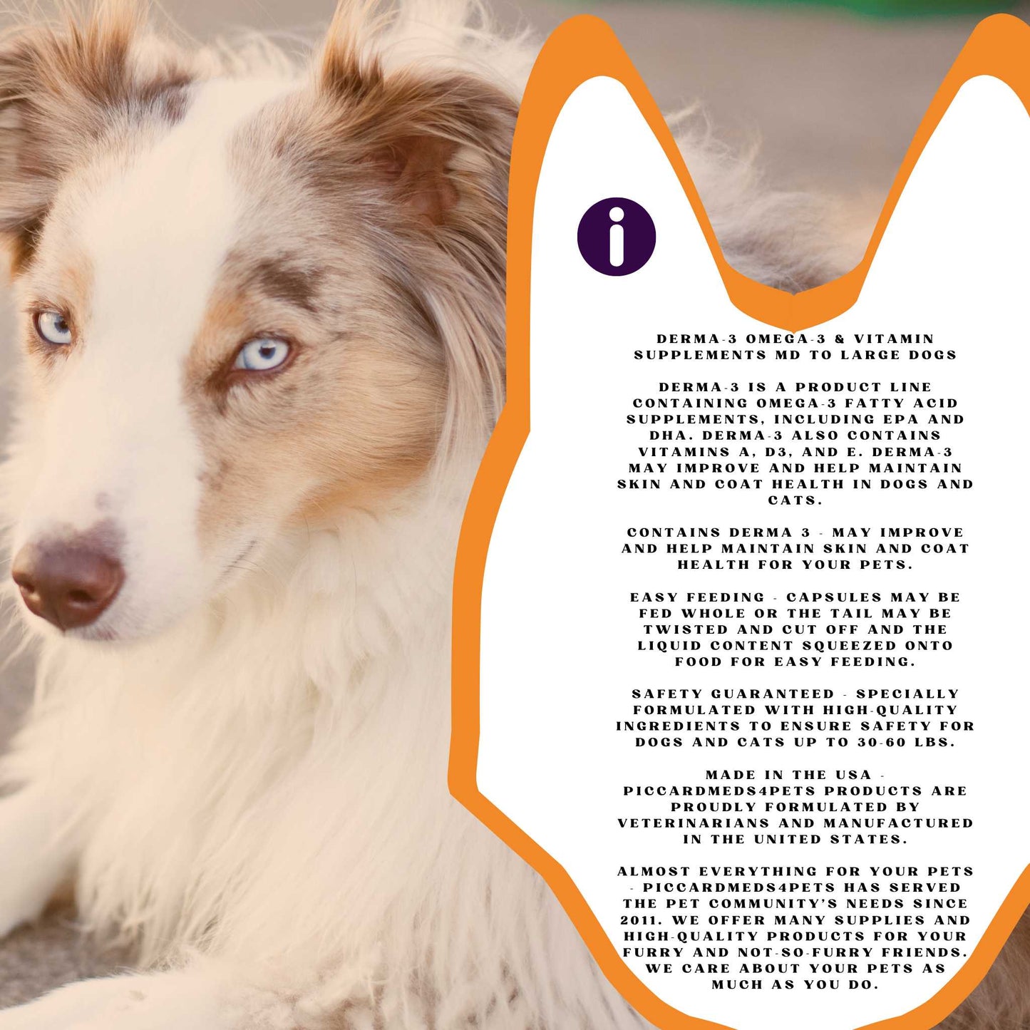 PiccardMeds4Pets Derma-3 Omega-3 & Vitamin Supplements MD to Large Dogs 60 Caps Piccard Meds 4 Pets