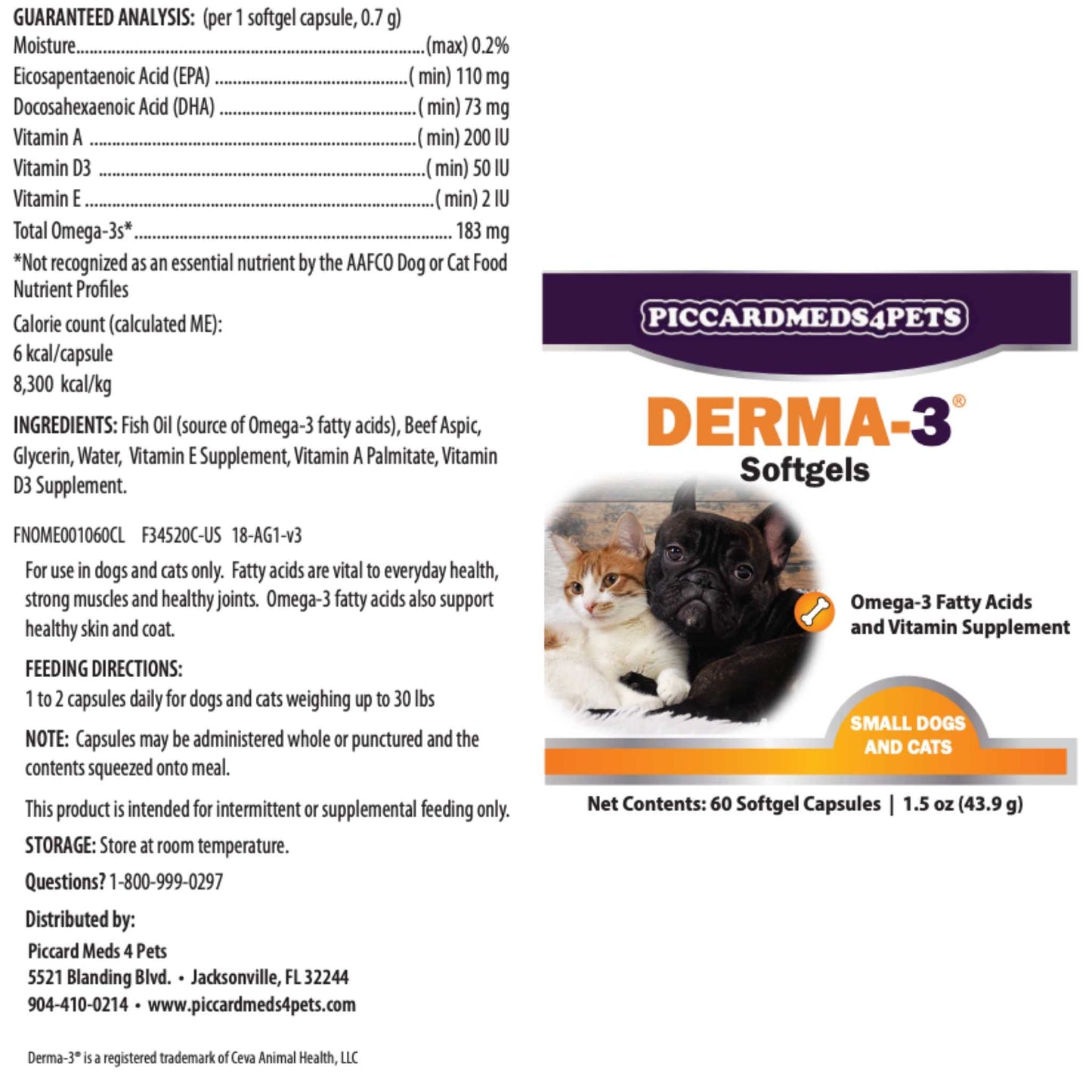 PiccardMeds4Pets Derma-3 Omega-3 & Vitamin Supplements SM 60 Caps Piccard Meds 4 Pets
