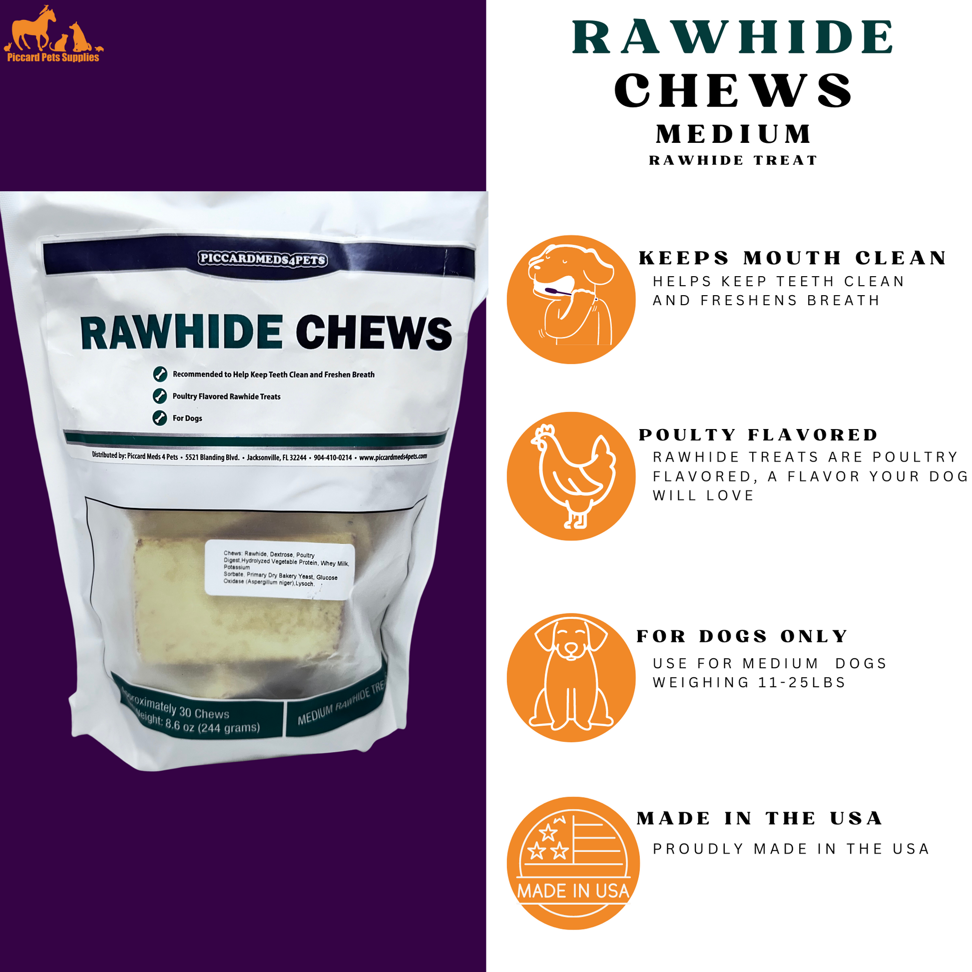 Package of rawhide chews for dogs with product details on a white background