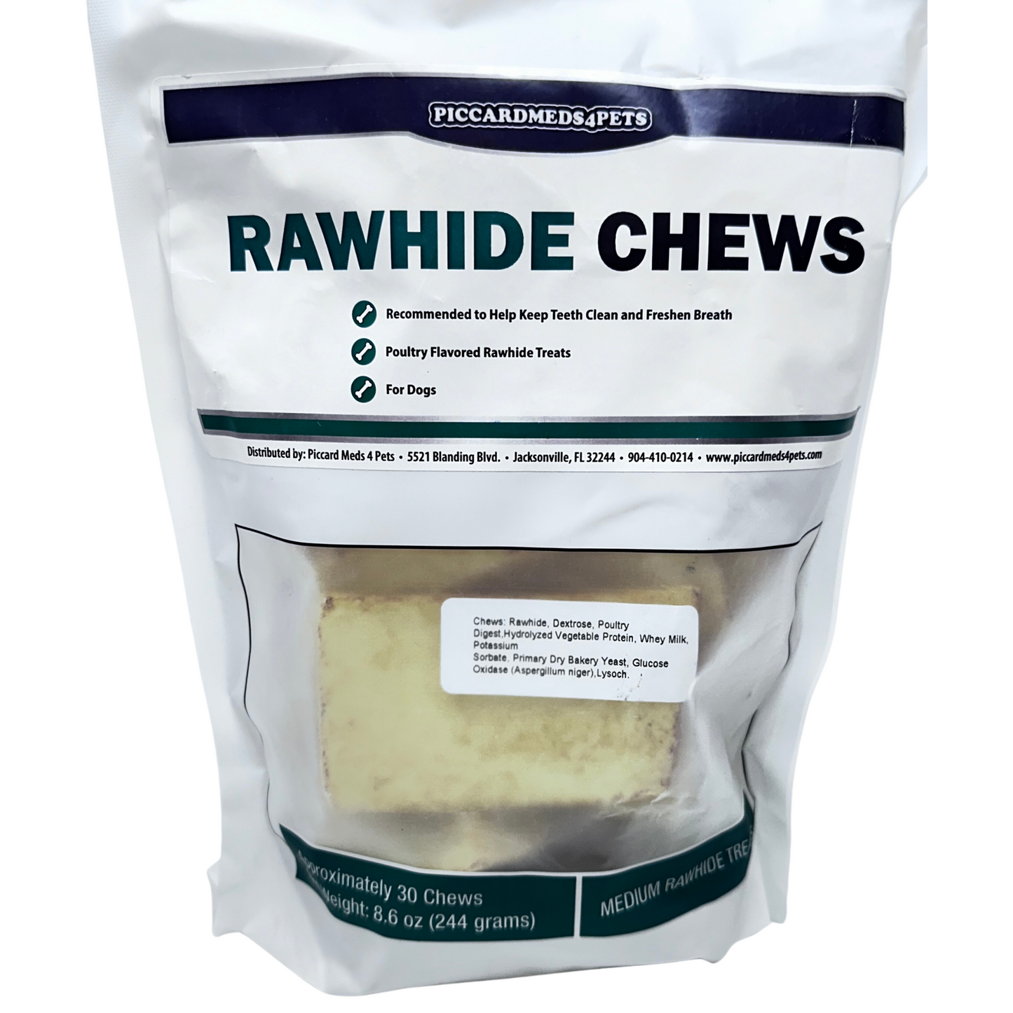 Package of rawhide chews for dogs with visible branding and product details.