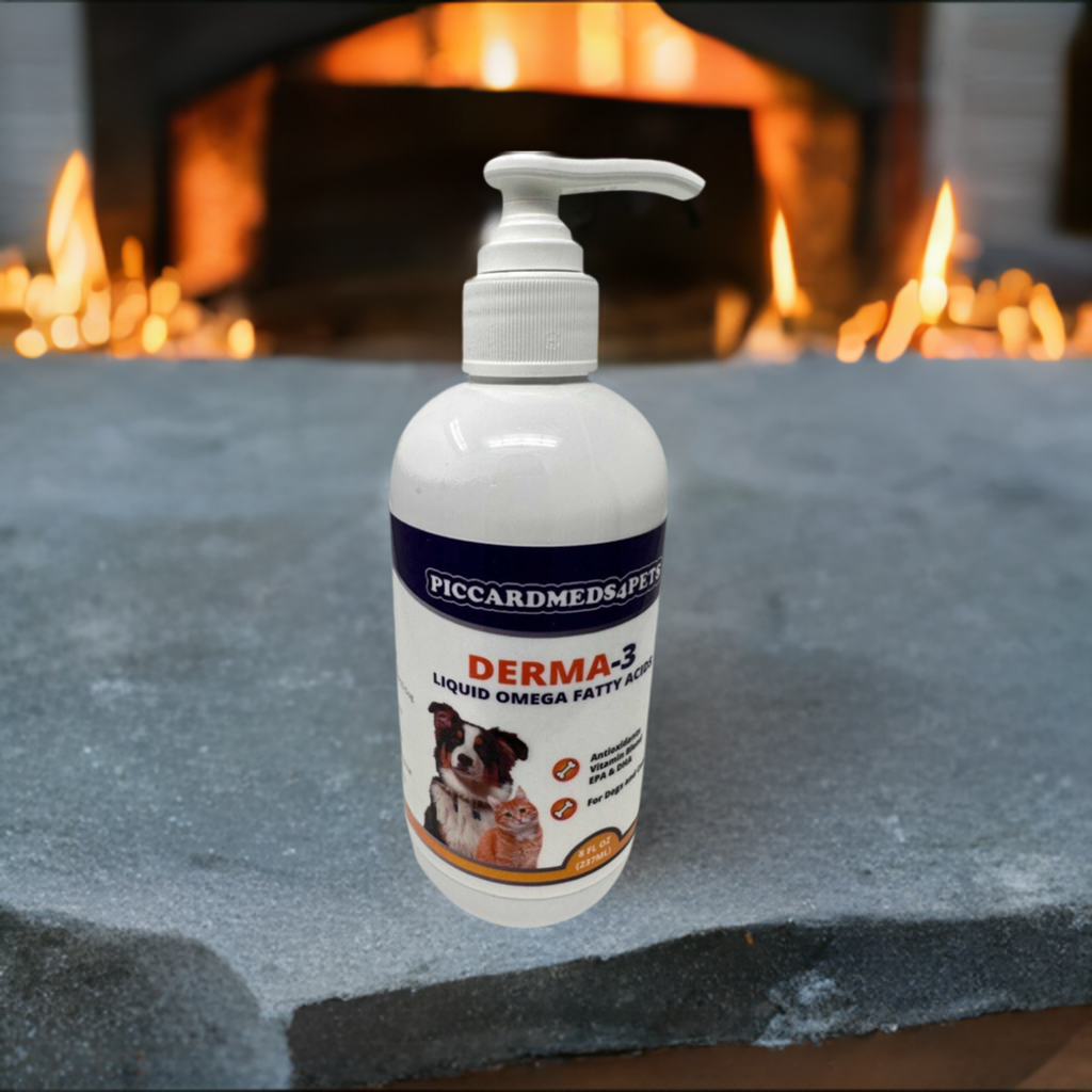 Bottle of Piccardmeds Derma-3 product on a stone surface with a fireplace in the background