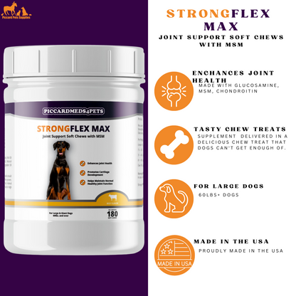 StrongFlex Max joint support soft chews container with product details on a white background