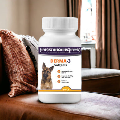 Bottle of Piccardmeds4Pets Derma-3 Softgels on a couch with a dog image and text on the label.