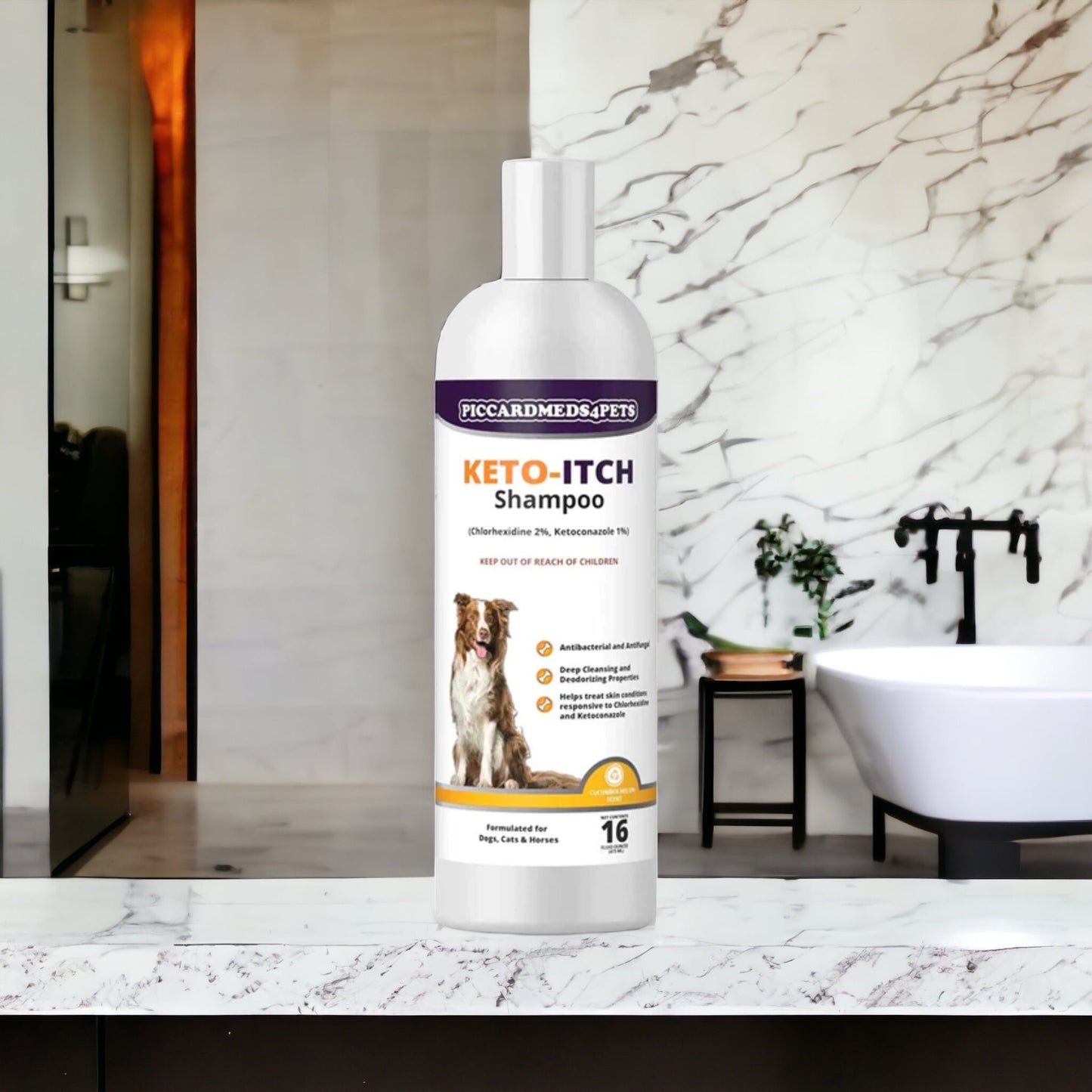 Keto-Itch shampoo bottle for pets on a marble surface with a bathroom background