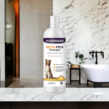 Keto-Itch shampoo bottle for pets on a marble surface with a bathroom background