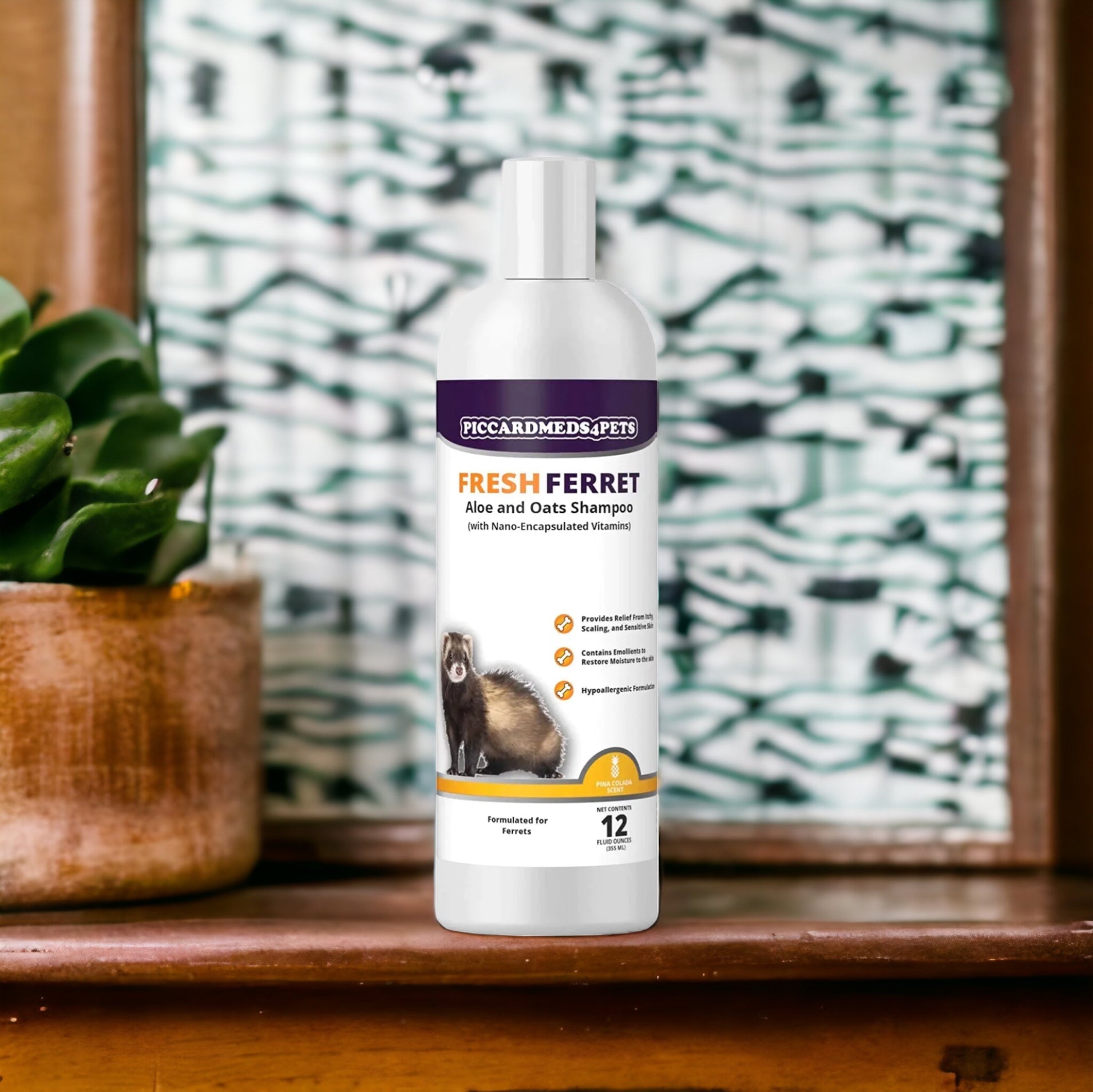 Bottle of 'Fresh Ferret' shampoo by Picardmed & Pets on a wooden surface with a decorative mirror and plant in the background.