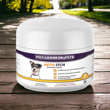 Jar of Piccardmeds4Pets Keto-Itch Antiseptic Wipes on a wooden surface with a park background
