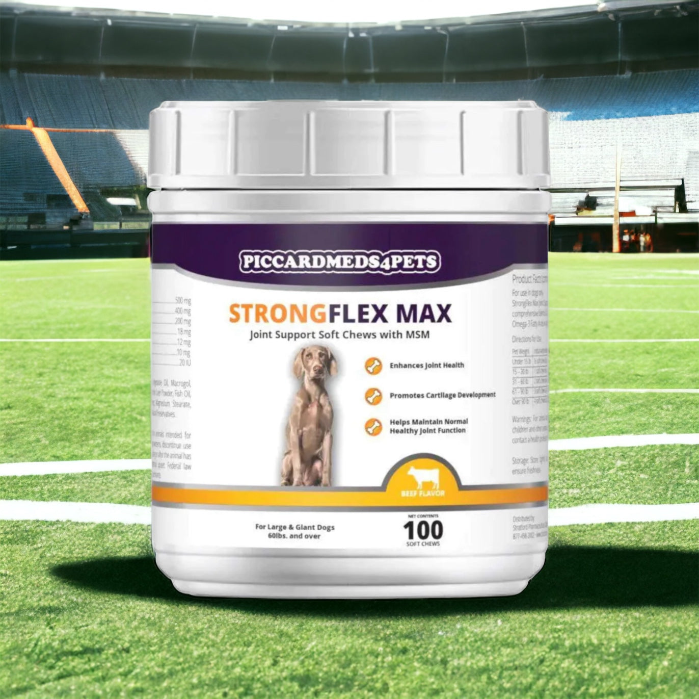 Container of Piccardmeds Pets StrongFlex Max joint support soft chews on a sports field background