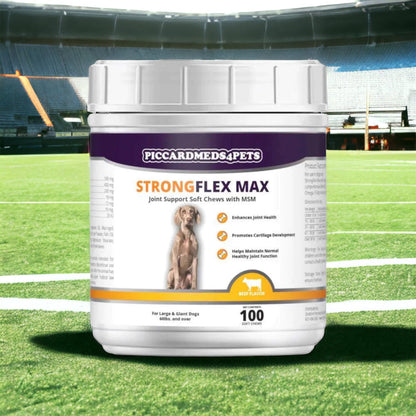 Container of Piccardmeds Pets StrongFlex Max joint support soft chews on a sports field background