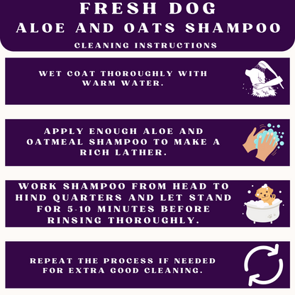 Instructions for using Fresh Dog Aloe and Oats Shampoo on a purple background