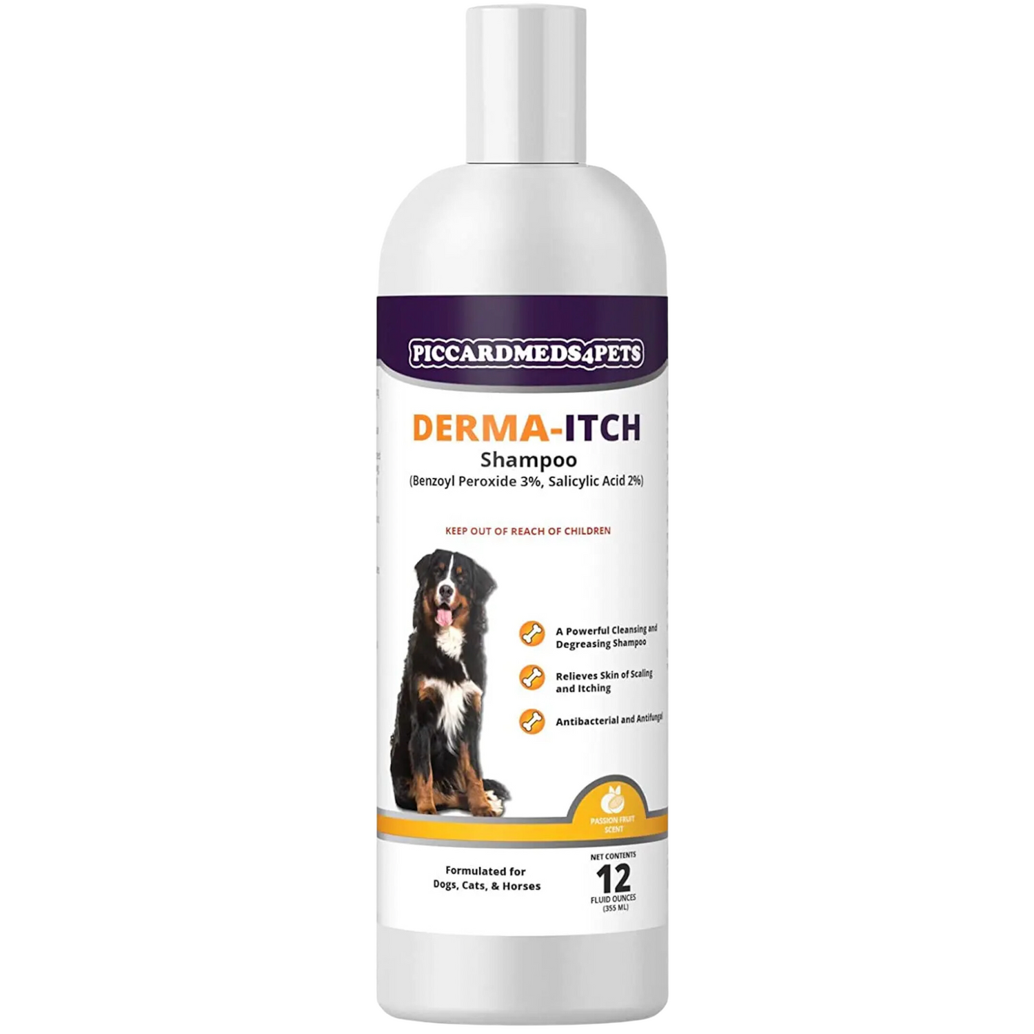 Dog shampoo bottle labeled 'Derma-Itch' by Piccardmed4Pets on a white background