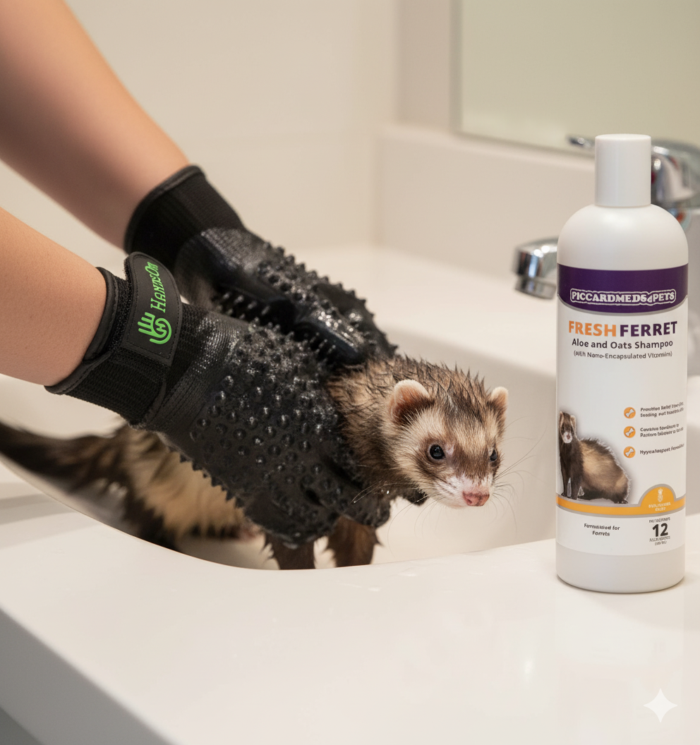 Piccardmeds4pets Ferret Aloe Oats Shampoo 12oz + HandsOn Grooming Gloves Small Combo